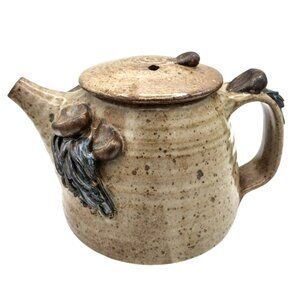 Stoneware Teapot Lid Mustache Ponytail Vintage 1970s Artist Signed Bottom 5 Inch